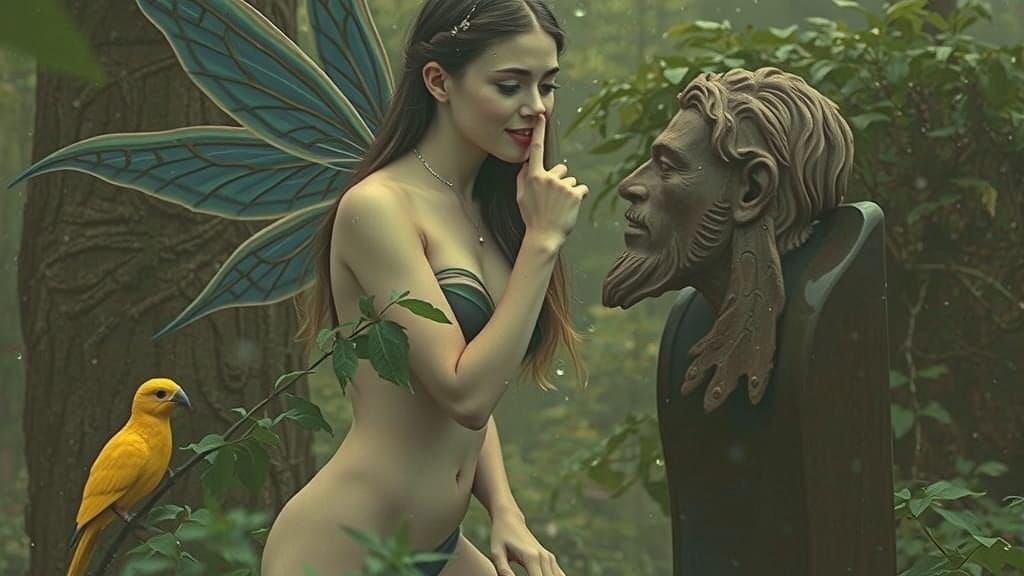 Blonde Fairy Woman and Man's Head Statue in Forest