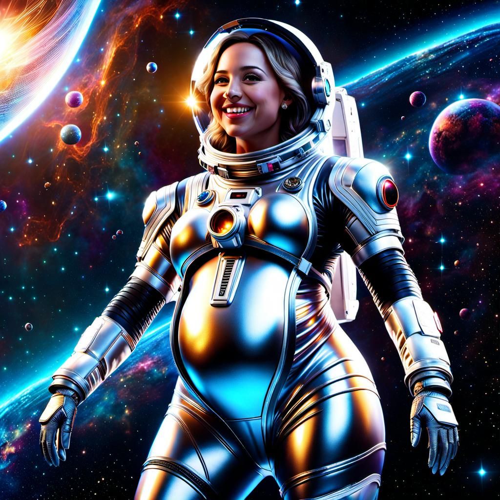 Pregnant Astronaut in Futuristic Spacesuit Among the Stars