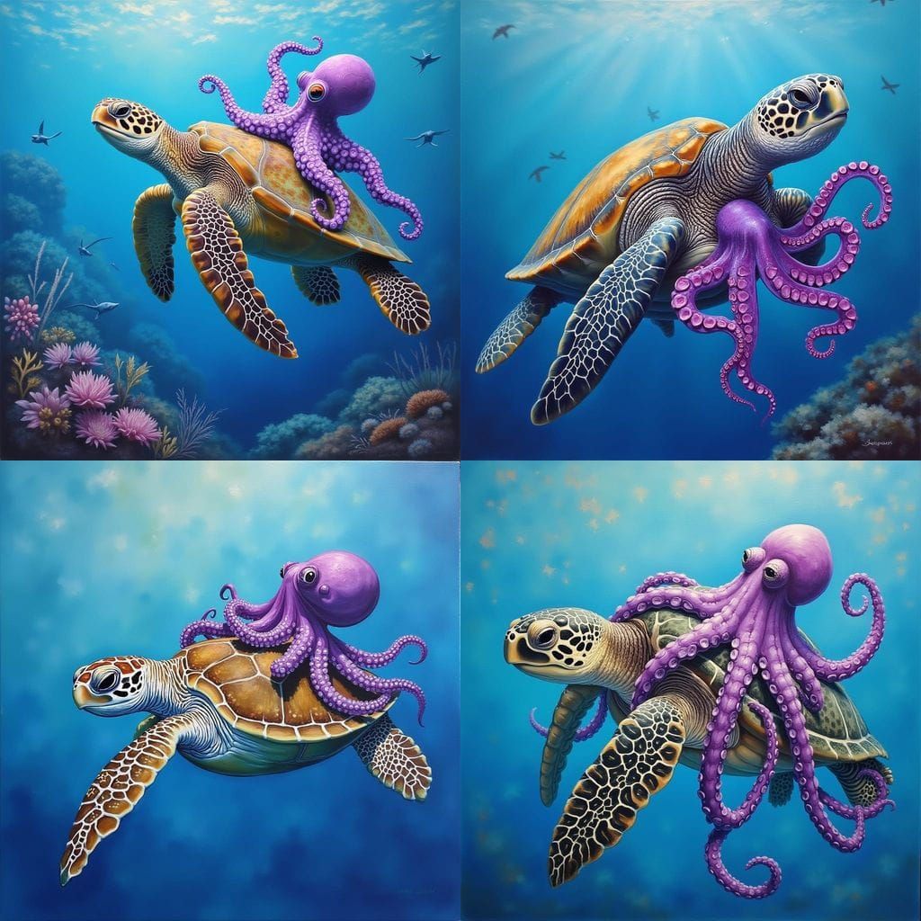 Turtle and Octopus in Whimsical Oil Painting