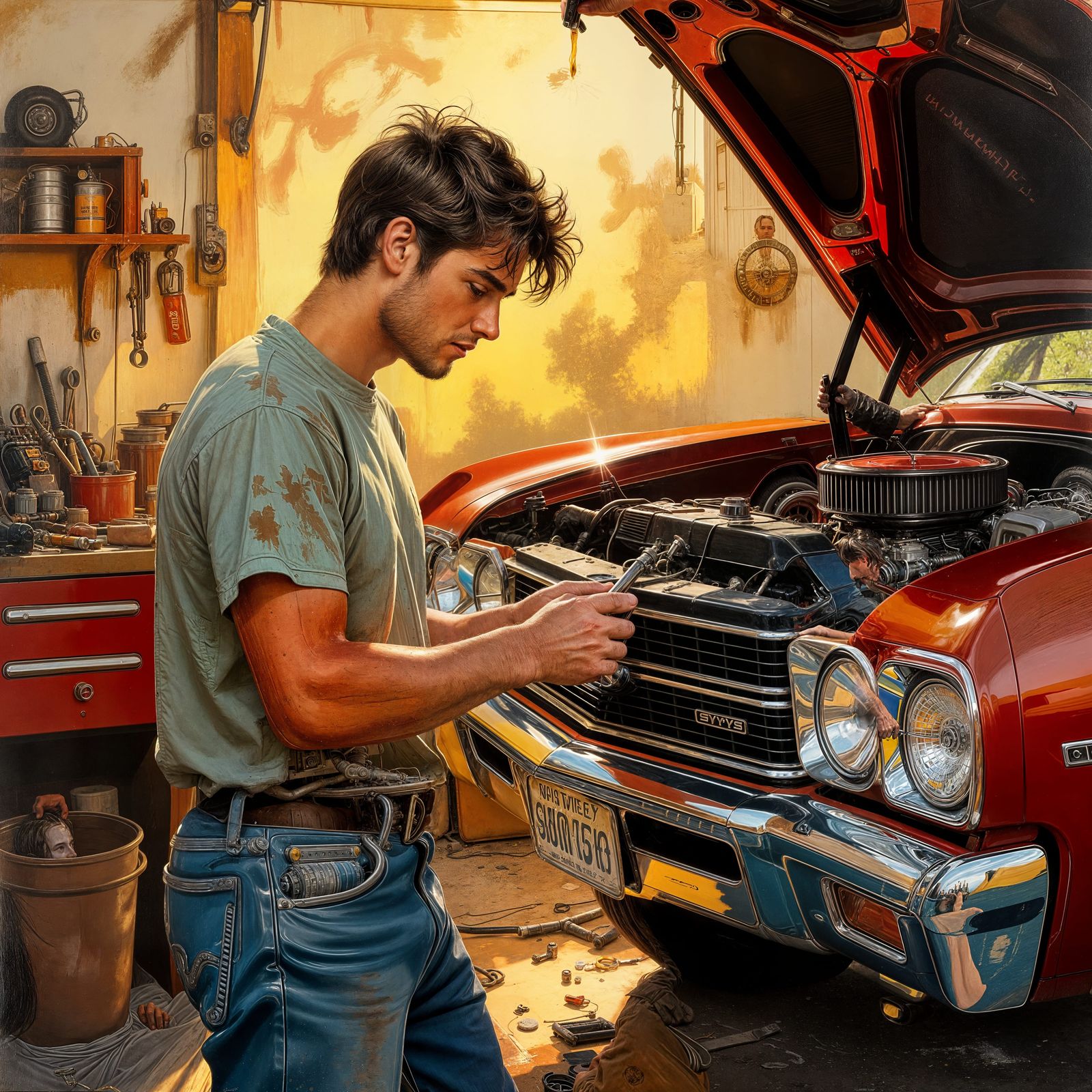 Young Mechanic Working on Vintage Chevy, Oil Painting Style