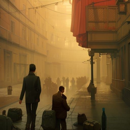 Wes Anderson-esque Spy Scene in Art Nouveau Style