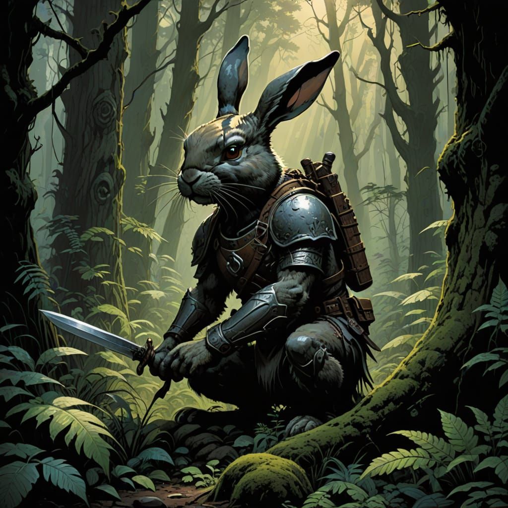 Gray Furred Rabbit Warrior in Dark Fantasy Forest