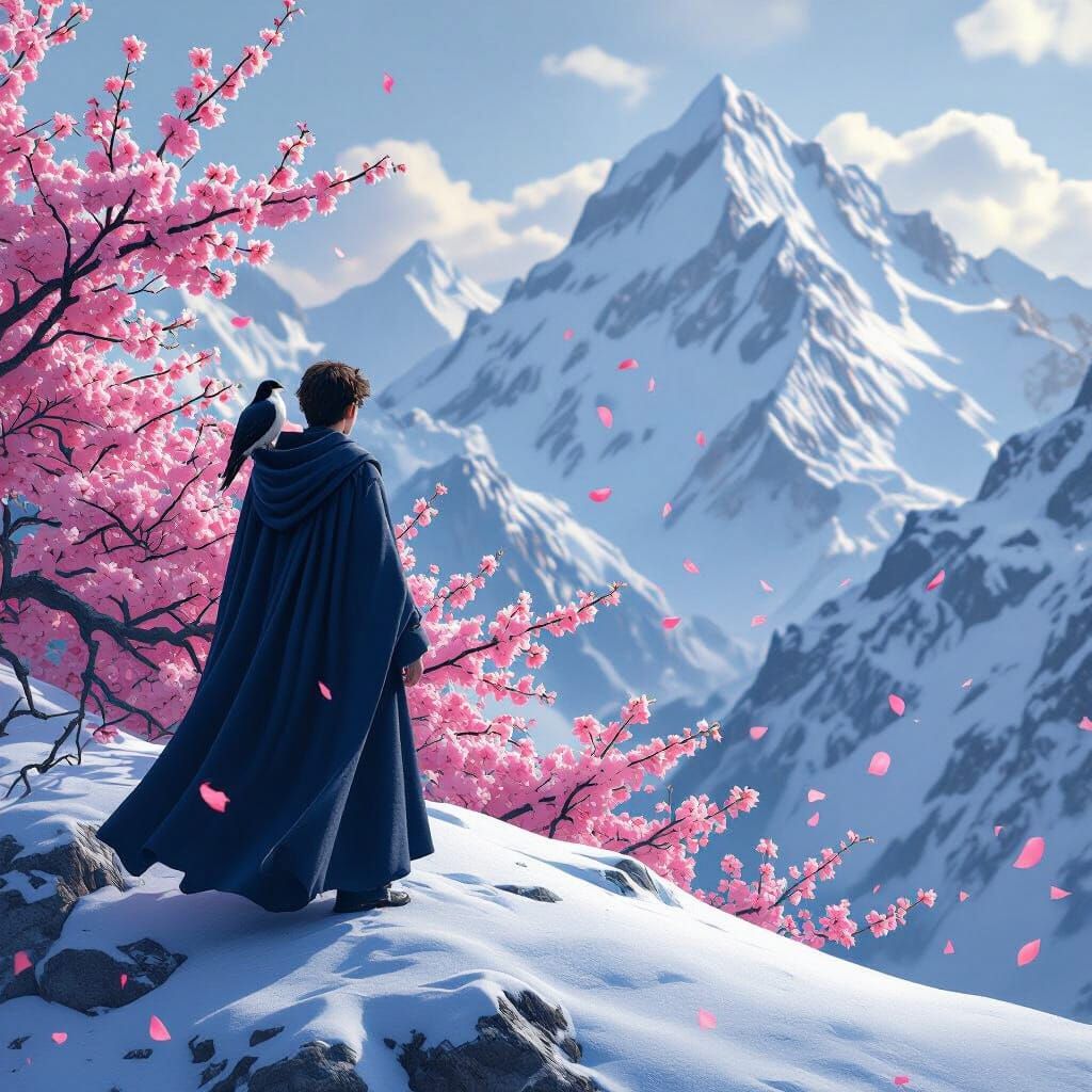 Harry Potter and Hedwig on Snowy Peak with Cherry Blossoms