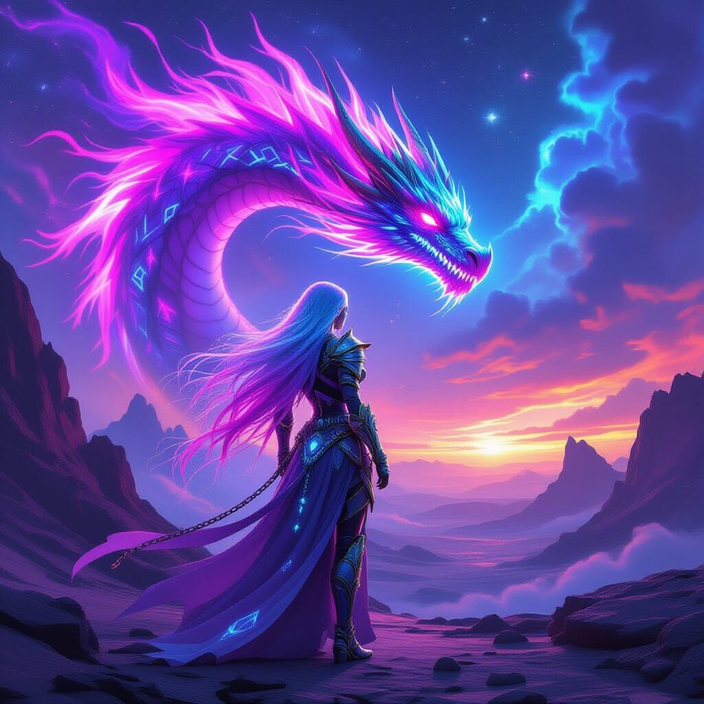 Neon Sorceress and Dragon Spirit on Alien World