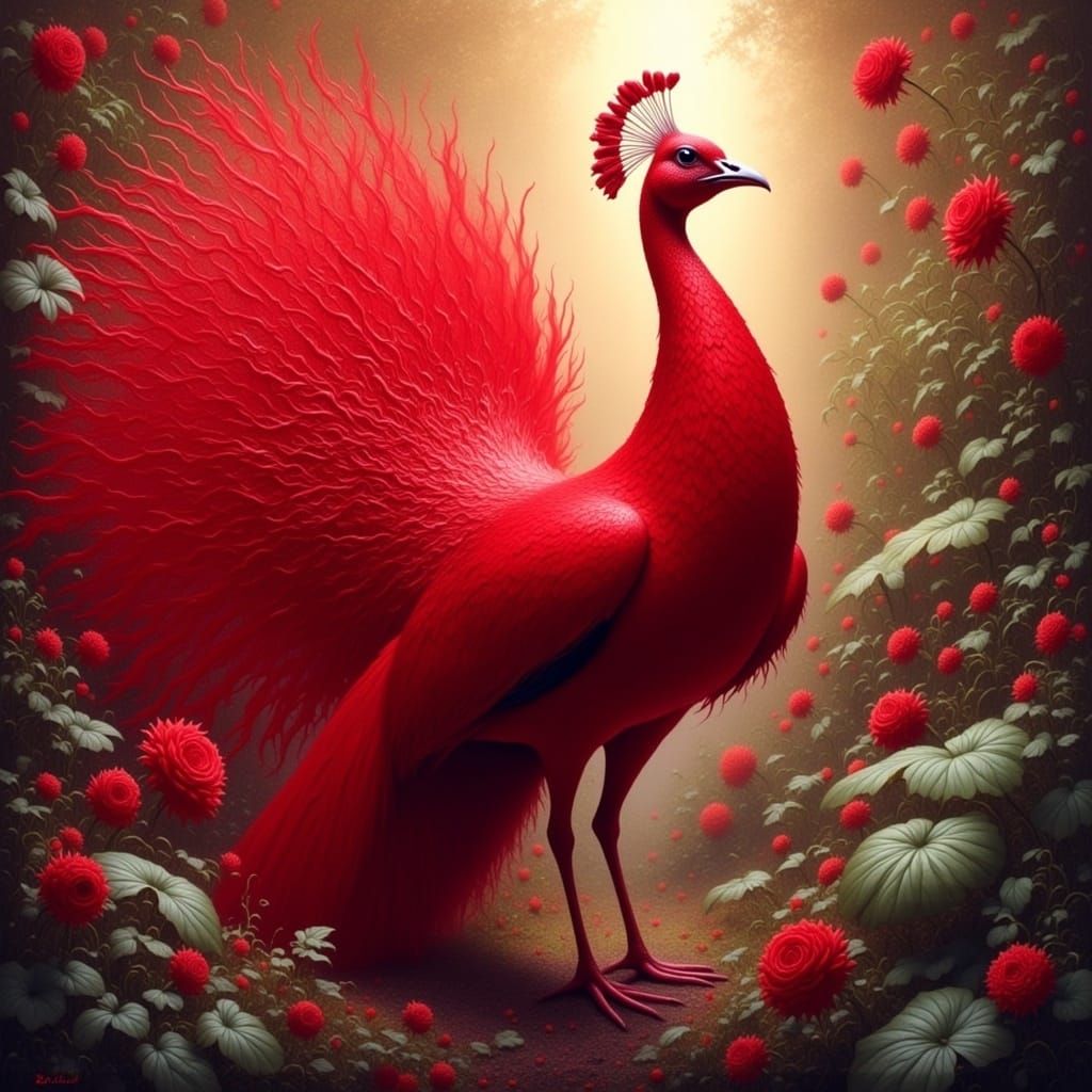 Vibrant Red Peacock in Tropical Paradise