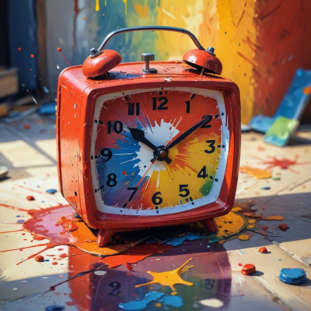 Scared Red Alarm Clock Runs Off Table in Morning Light