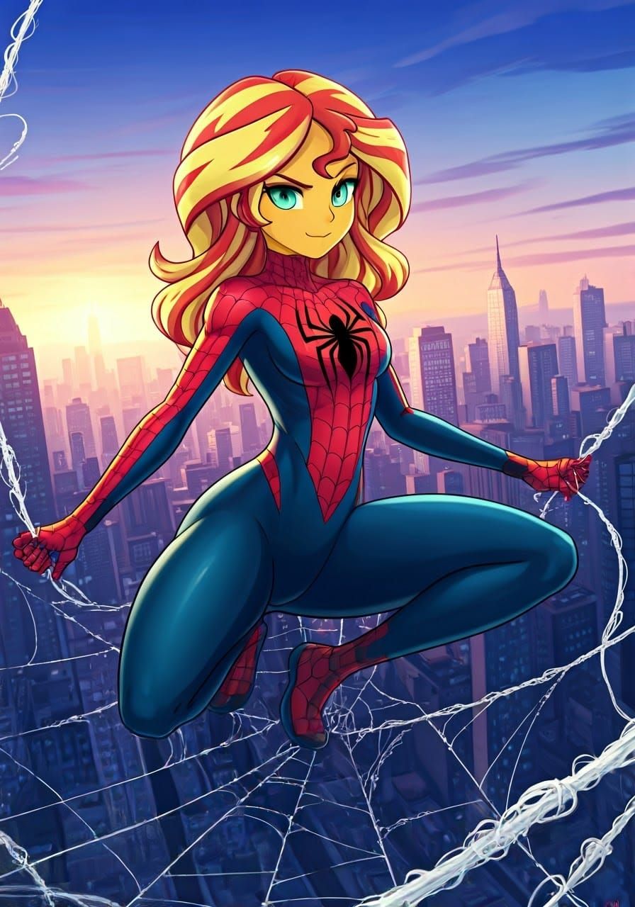 Superheroine Sunset Shimmer in Spider-Woman Style