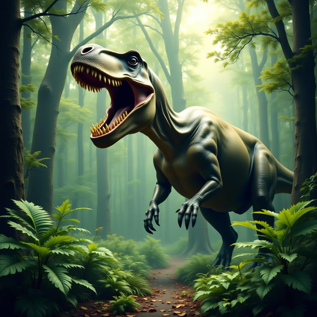 Majestic T-Rex Roaring in Lush Prehistoric Jungle