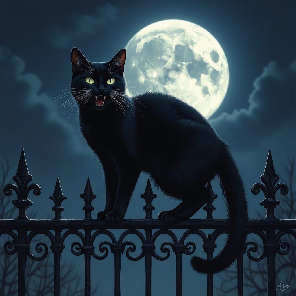 Hyperrealistic Black Cat on Fence in Dark Fantasy Style