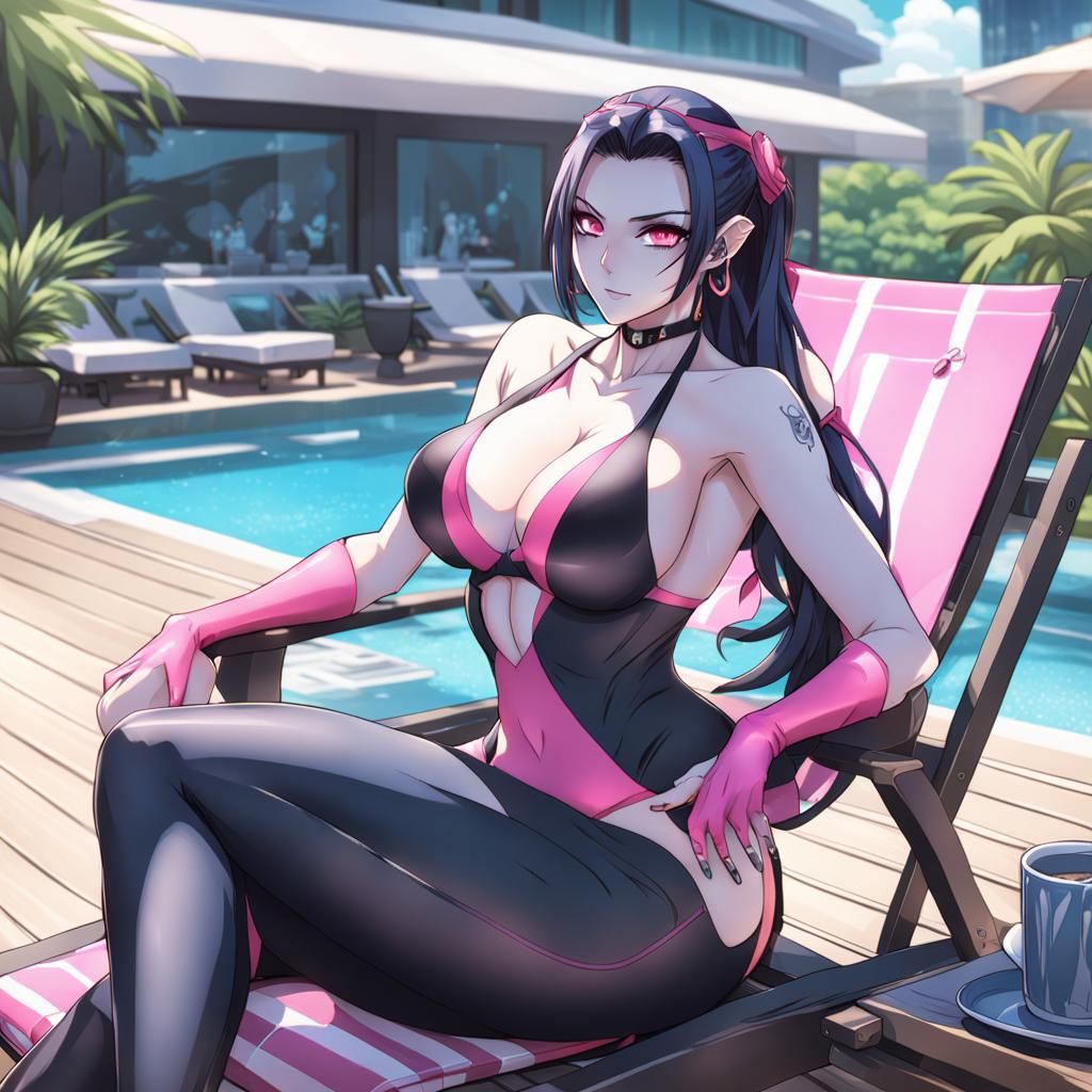 Anime Style: Curvy Woman in Bikini by Pool