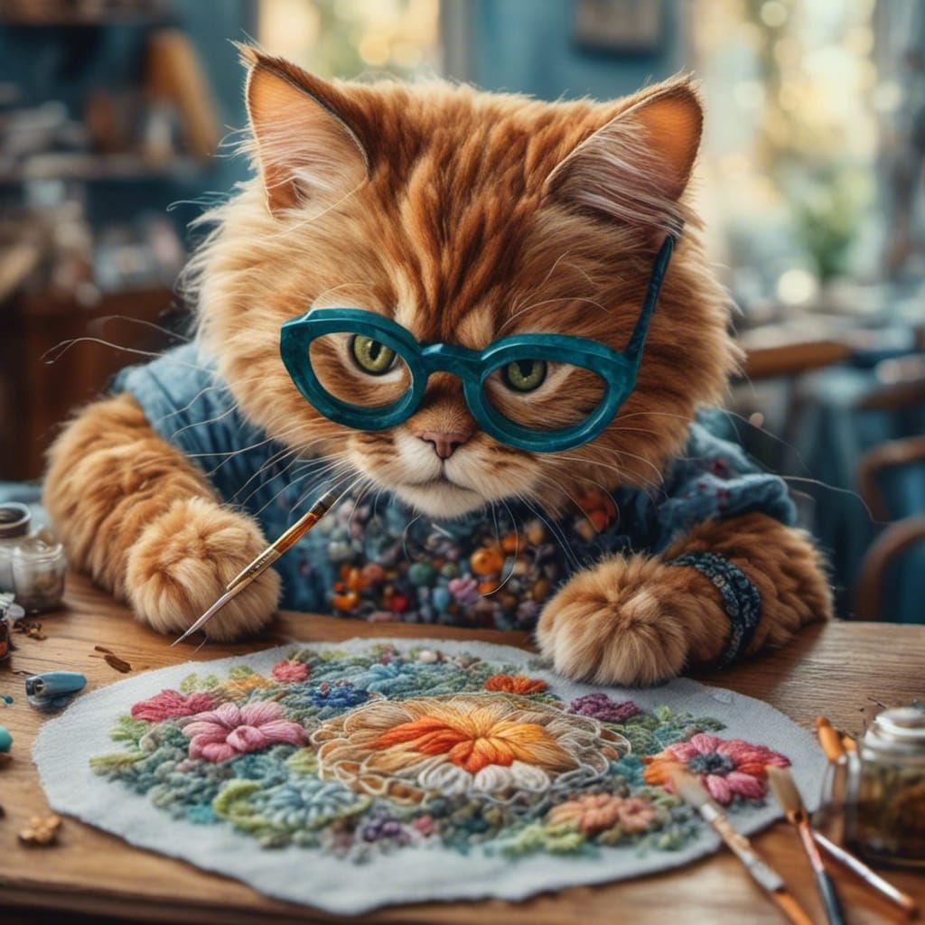 Cat Embroidering: Hyperdetailed Oil and Watercolor