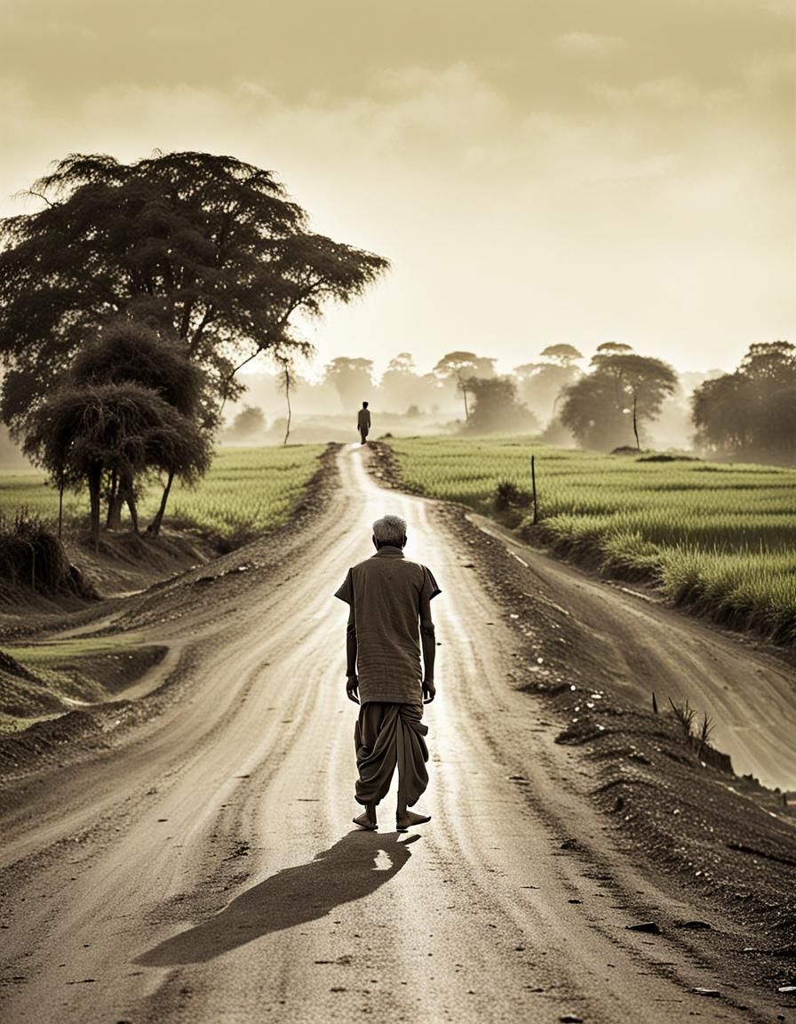 Solitary Man on Rural Road, Traditional Indian Art