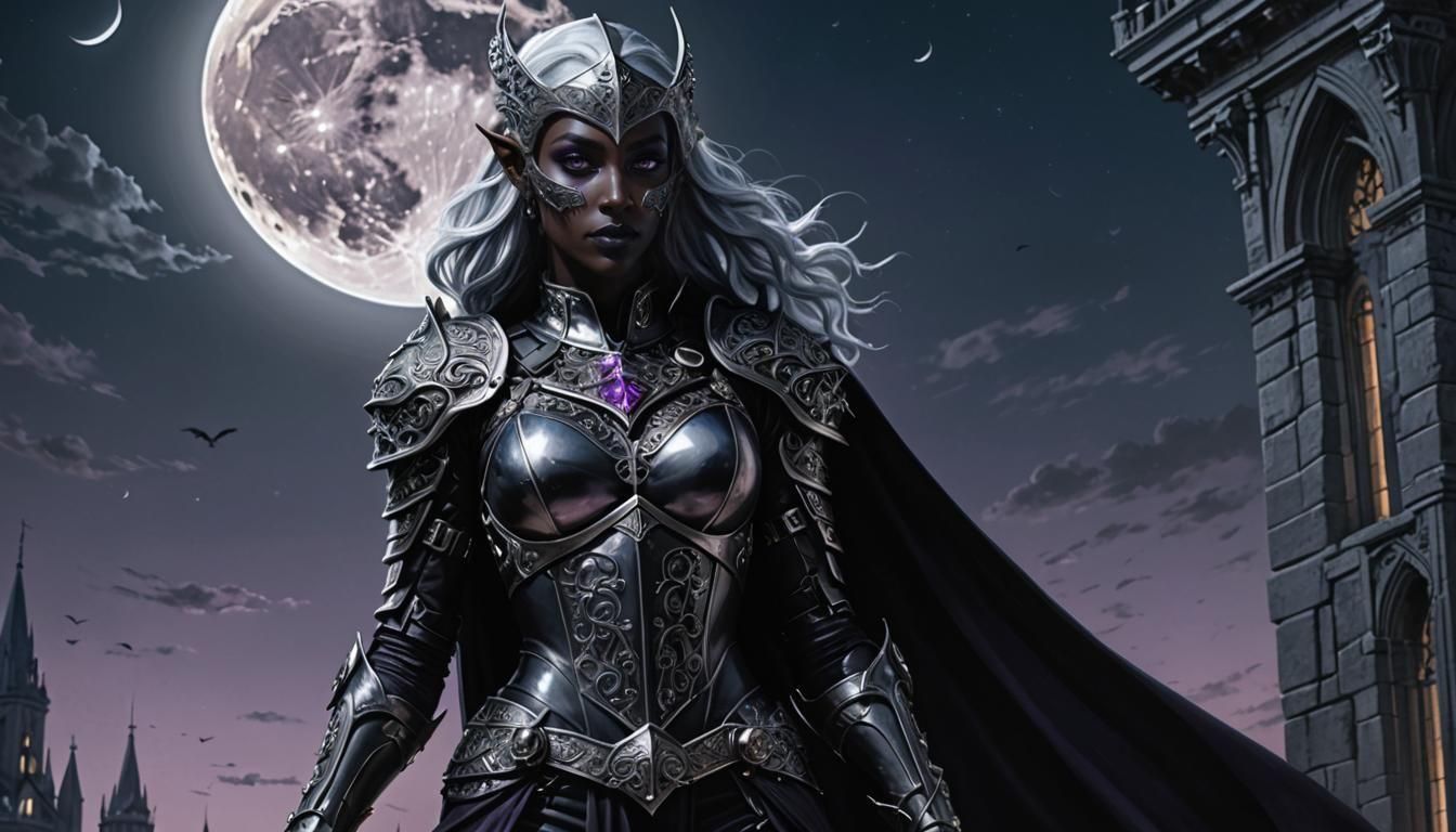 Drow Maiden Guarding Tower Under Moonlight