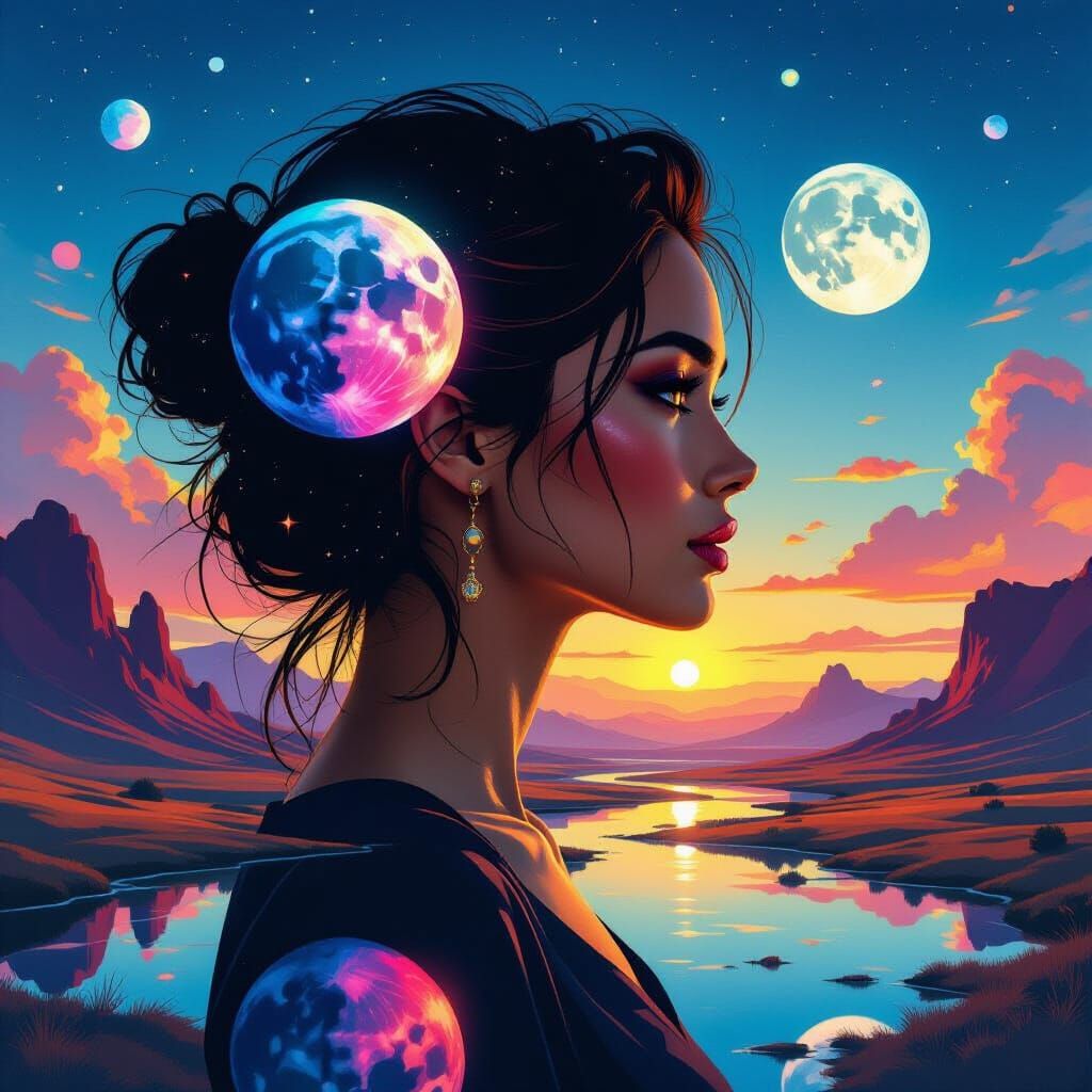 Woman's Profile Merging with Alien Planetscape