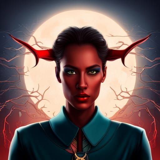 Cartoon Devil Woman with Fangs and Lightning Eyes