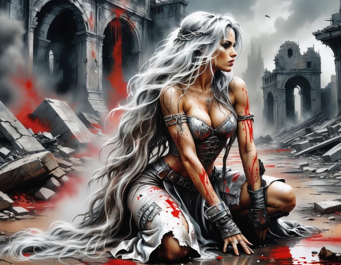 Woman with Silver Hair in Apocalyptic Wasteland