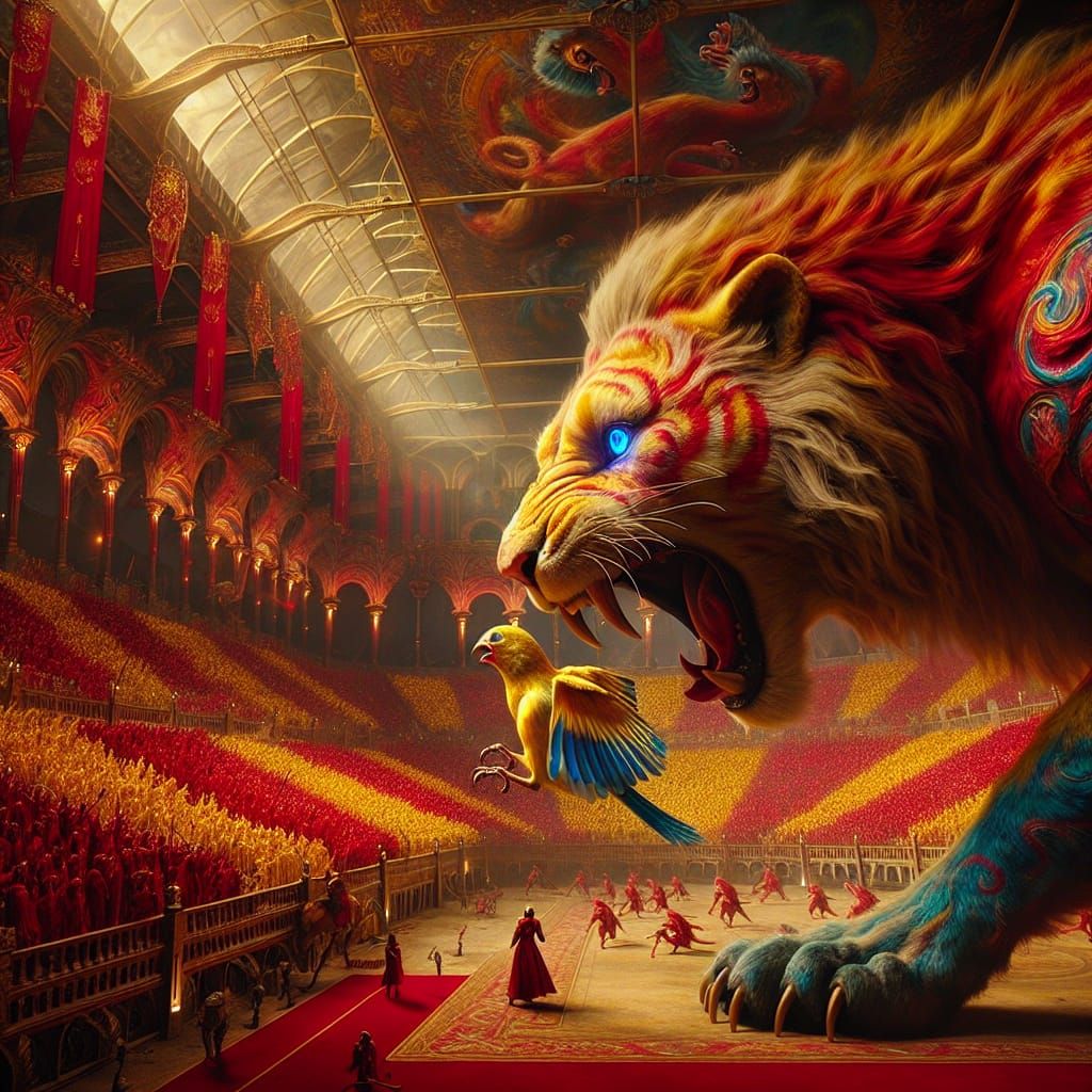 Lion and Canary in Stadium: Matte Painting