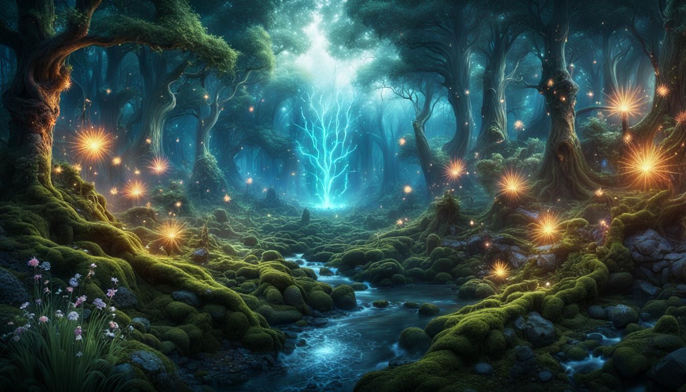 Enchanted Forest with Sprites and Fairies in Matte Painting