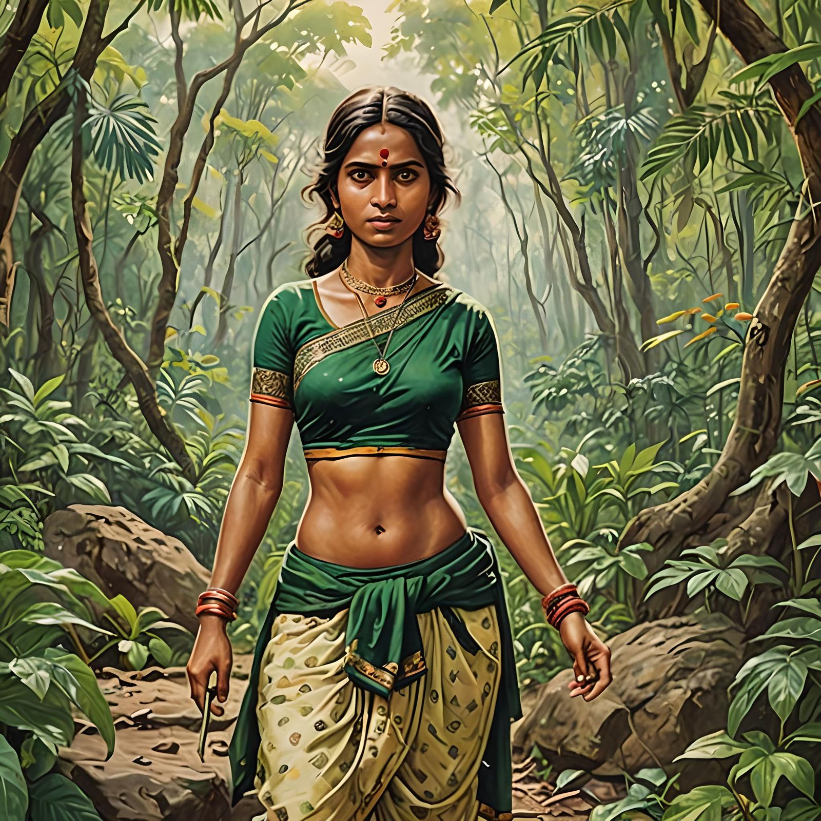 Hindi Women Amidst Dense Jungle Foliage