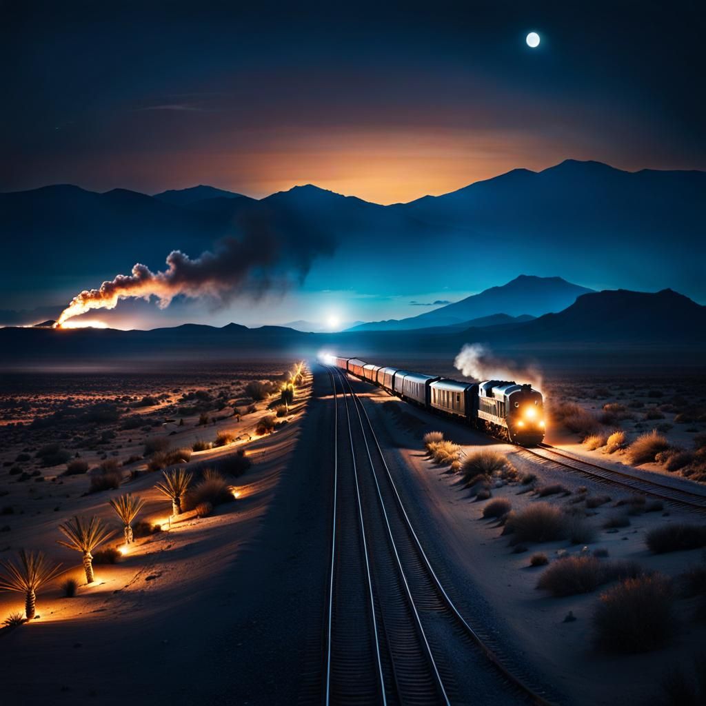 Old West Train at Night in Desert