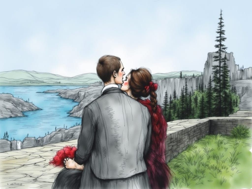 Victorian Couple at Columbia Falls in Gothic Engraving