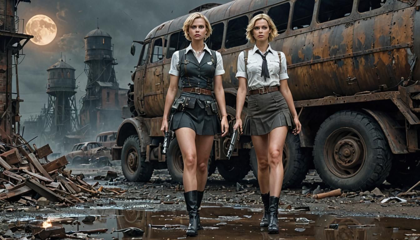 Steampunk Girl in Ruined Wasteland, Graffiti Art Style