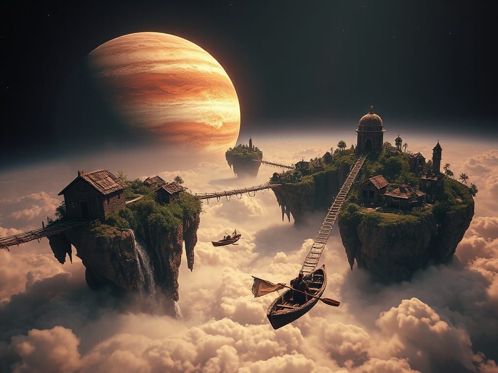 Man Paddles Flying Boat to Floating Island Town Near Jupiter