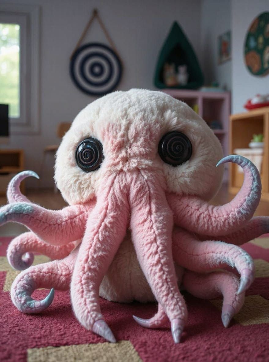 Fluffy Cthulhu Plush Toy in Sinister Playroom