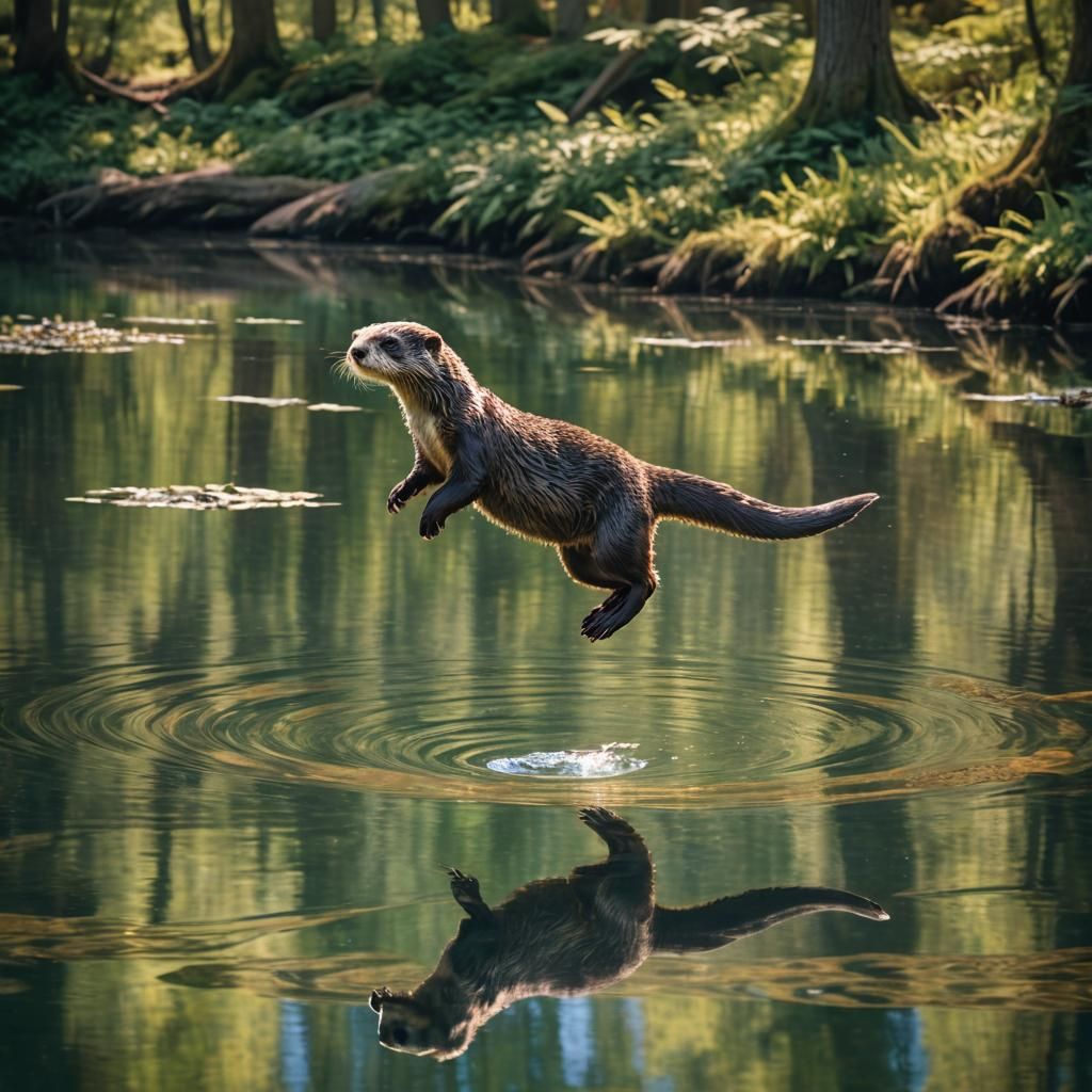 Otter's Acrobatic Leap Above Glassy Lake