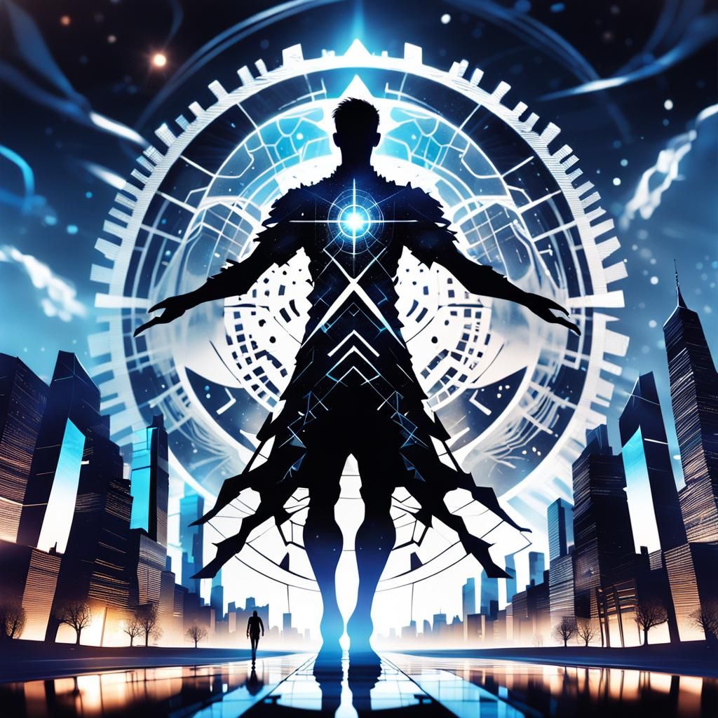 Dual-Natured Figure in Fractal Cityscape Concept Art