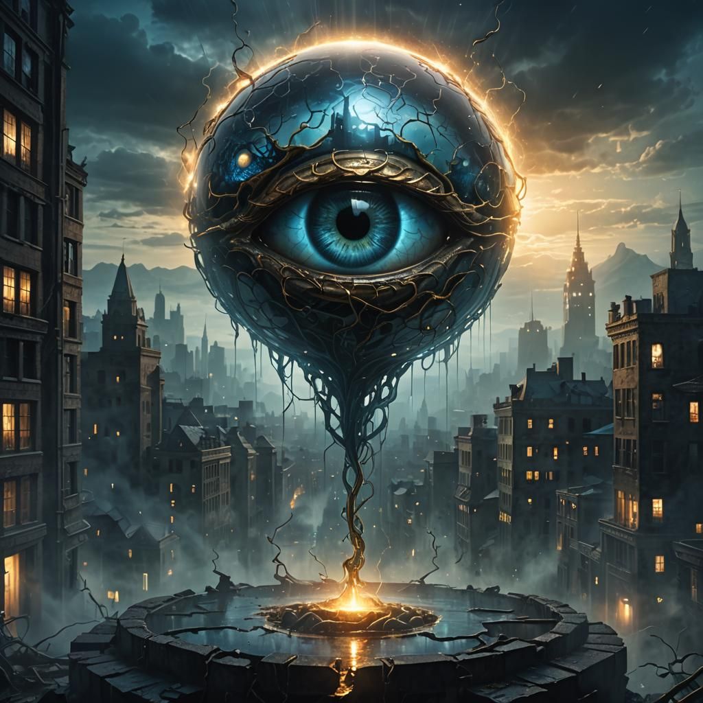 Glass Brain in Dark Fantasy Cityscape