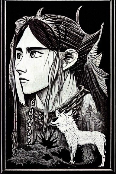 Princess Mononoke Portrait in Pen and Ink Style
