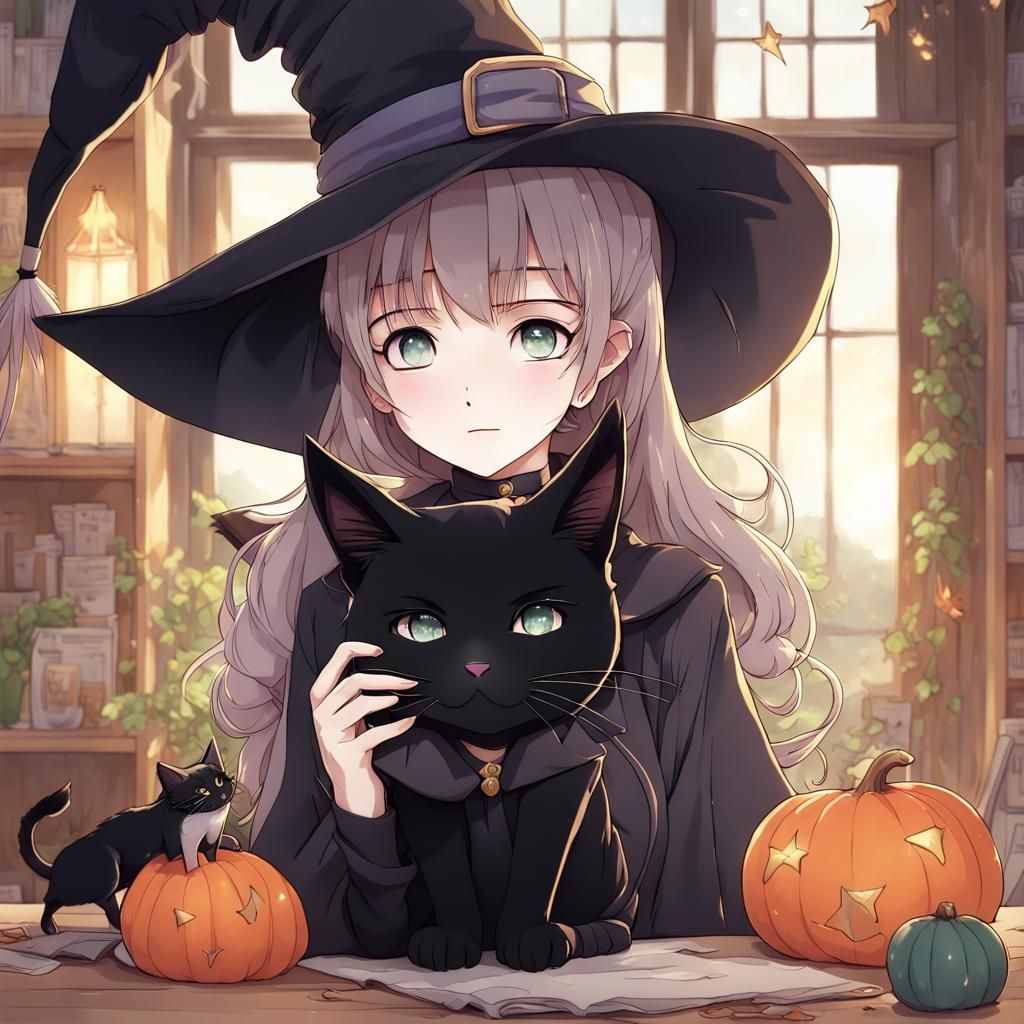 Anime Witch and Cat Illustration in 4K