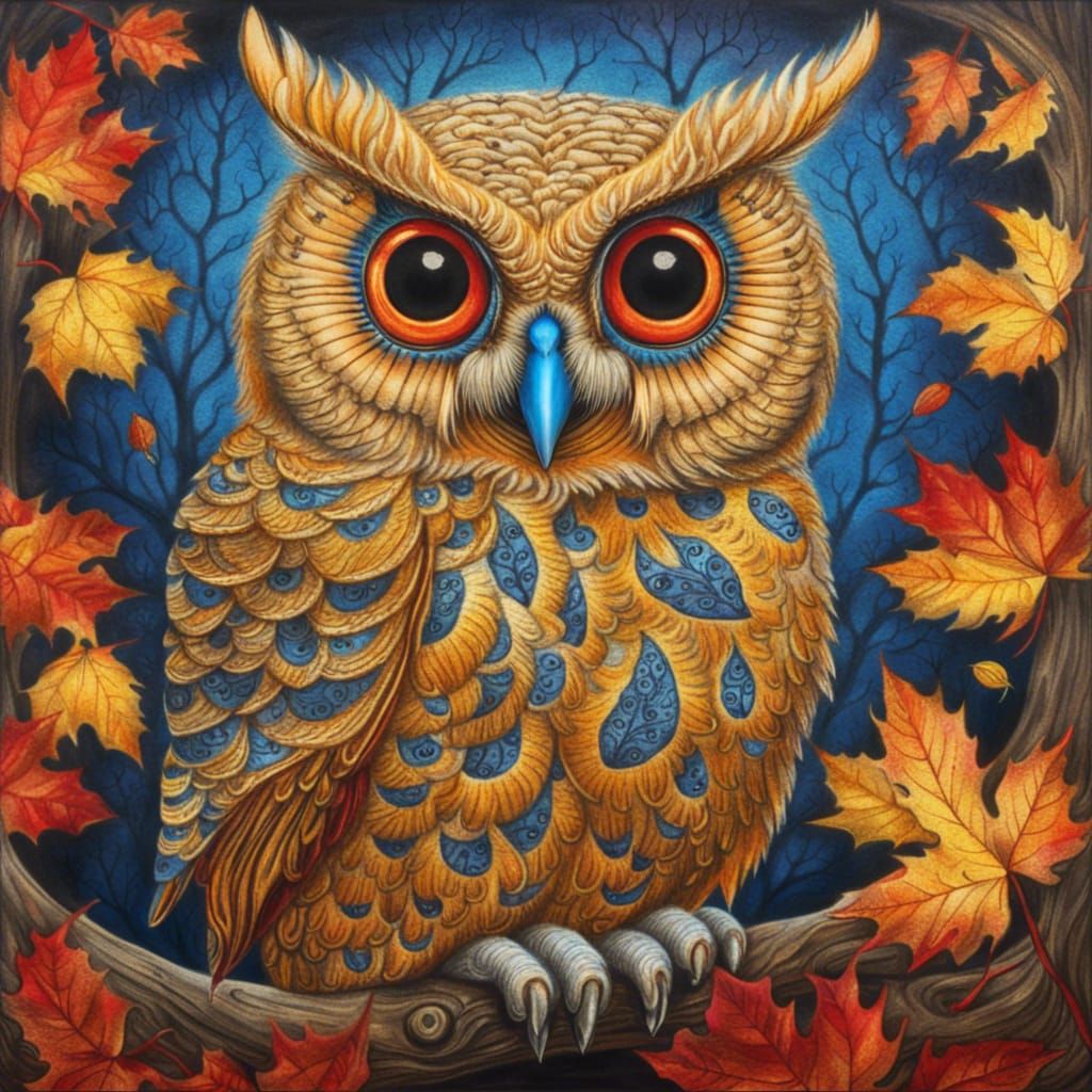 Golden Owl on Autumn Tree: Hyperdetailed Charcoal Drawing