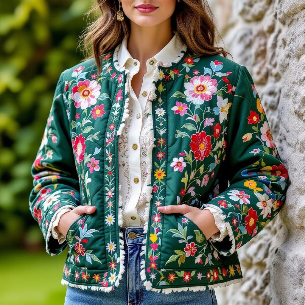 Floral Embroidered Quilted Jacket in Art Nouveau Style