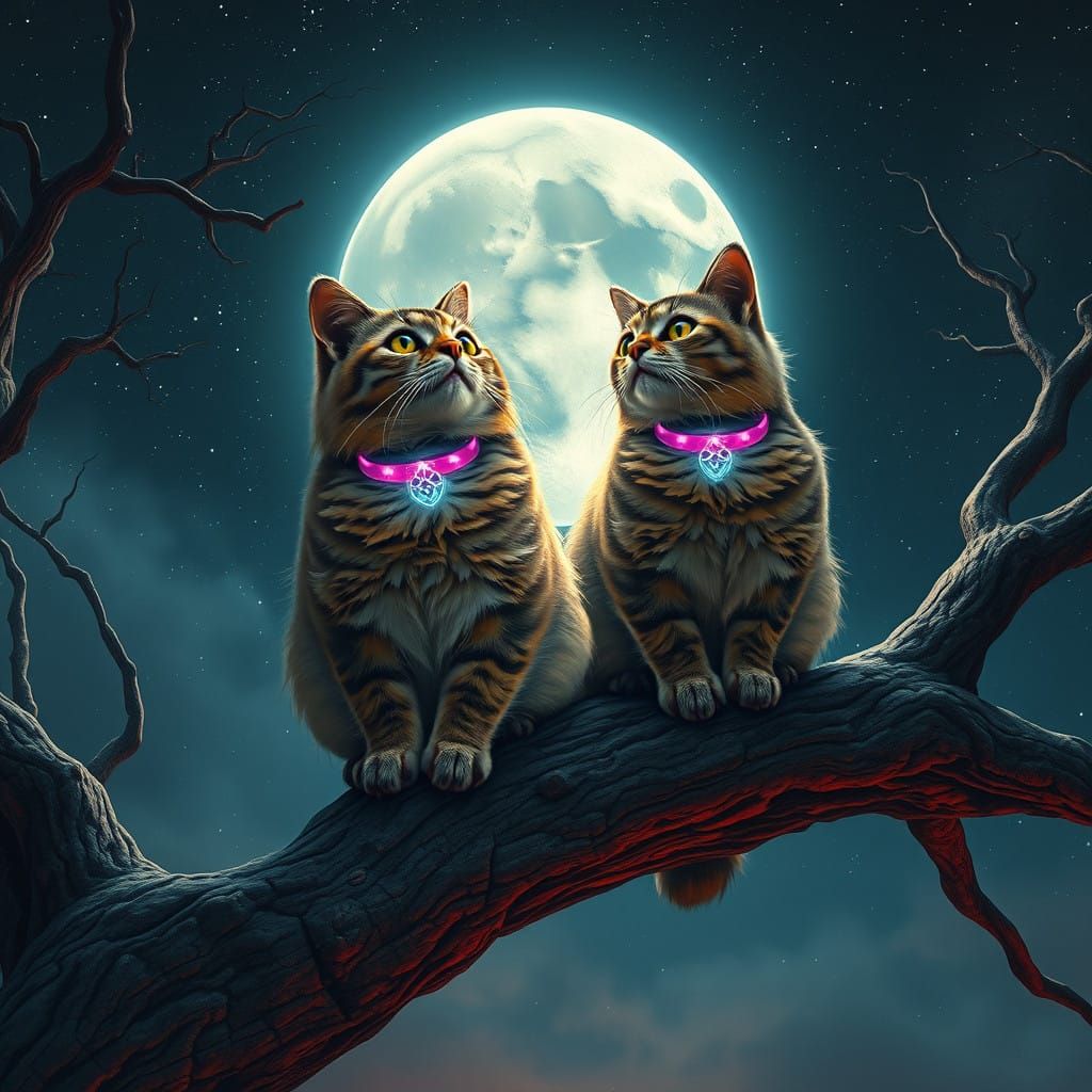 Mystical Cats Stare at Glowing Moon Amidst Cosmic Landscape