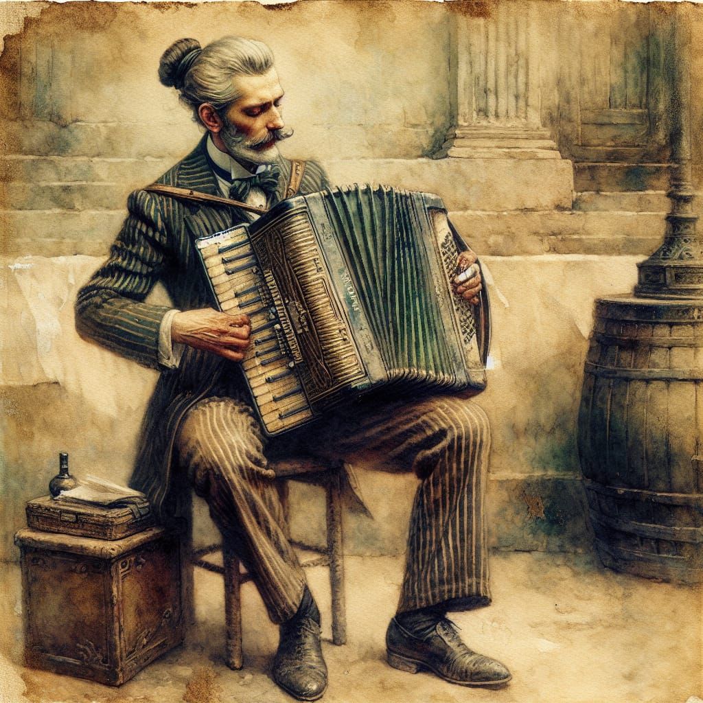 Elderly Accordionist in Paris: Andrea Pozzo-Inspired Waterco...