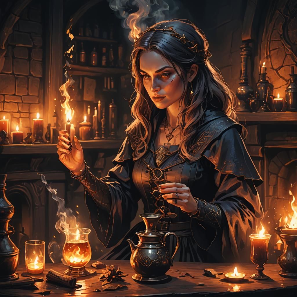 Young Witch Brewing Potion in Dark Fantasy Style