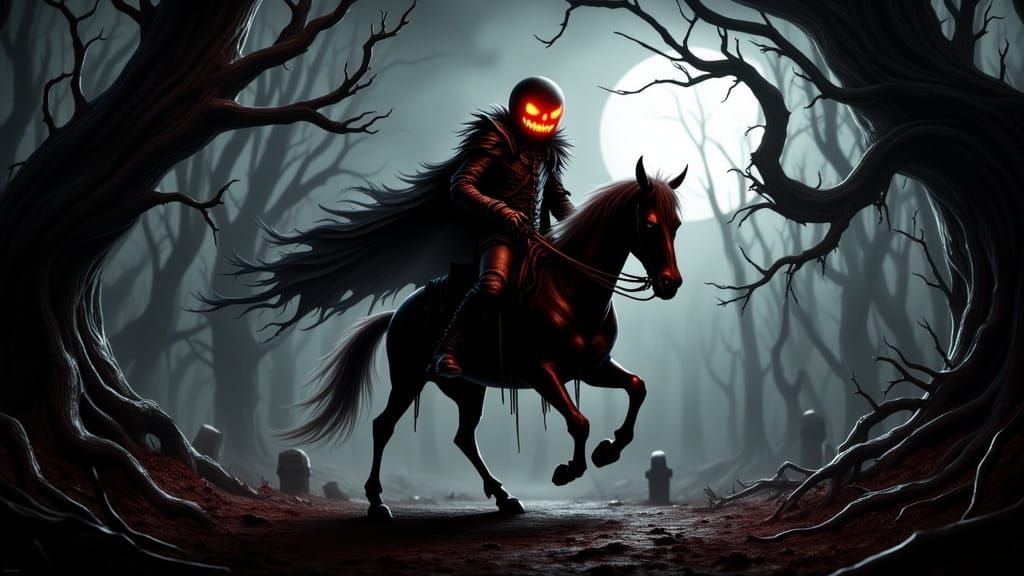 Headless Horseman Rides Haunted Forest in Gothic Style