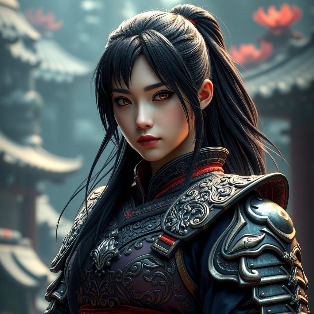 Fantasy Samurai Woman Portrait in Vibrant Colors
