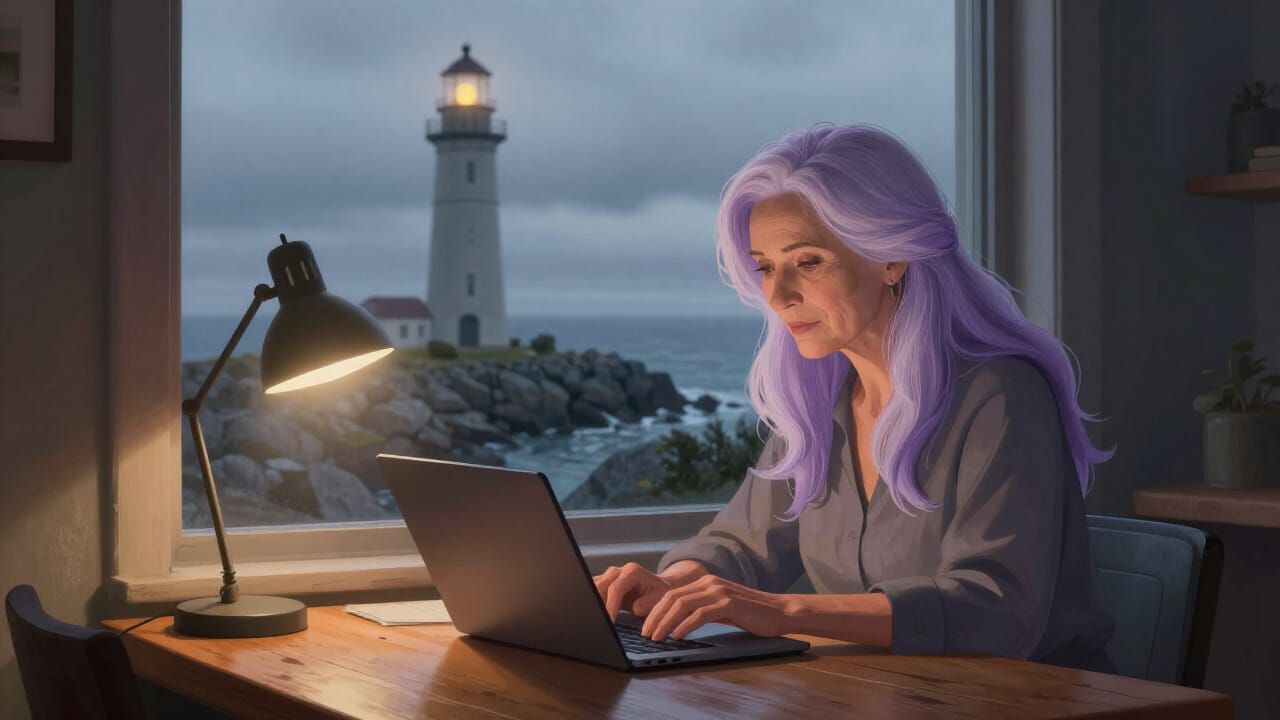 Senior Woman Works by Coastal Lighthouse Window