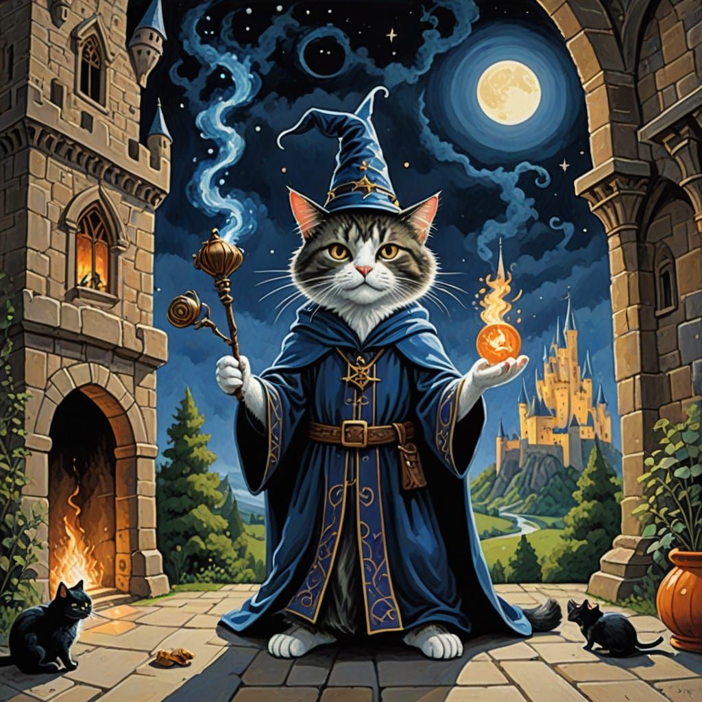 Majestic Cat Wizard Casting a Spell: Gouache Painting