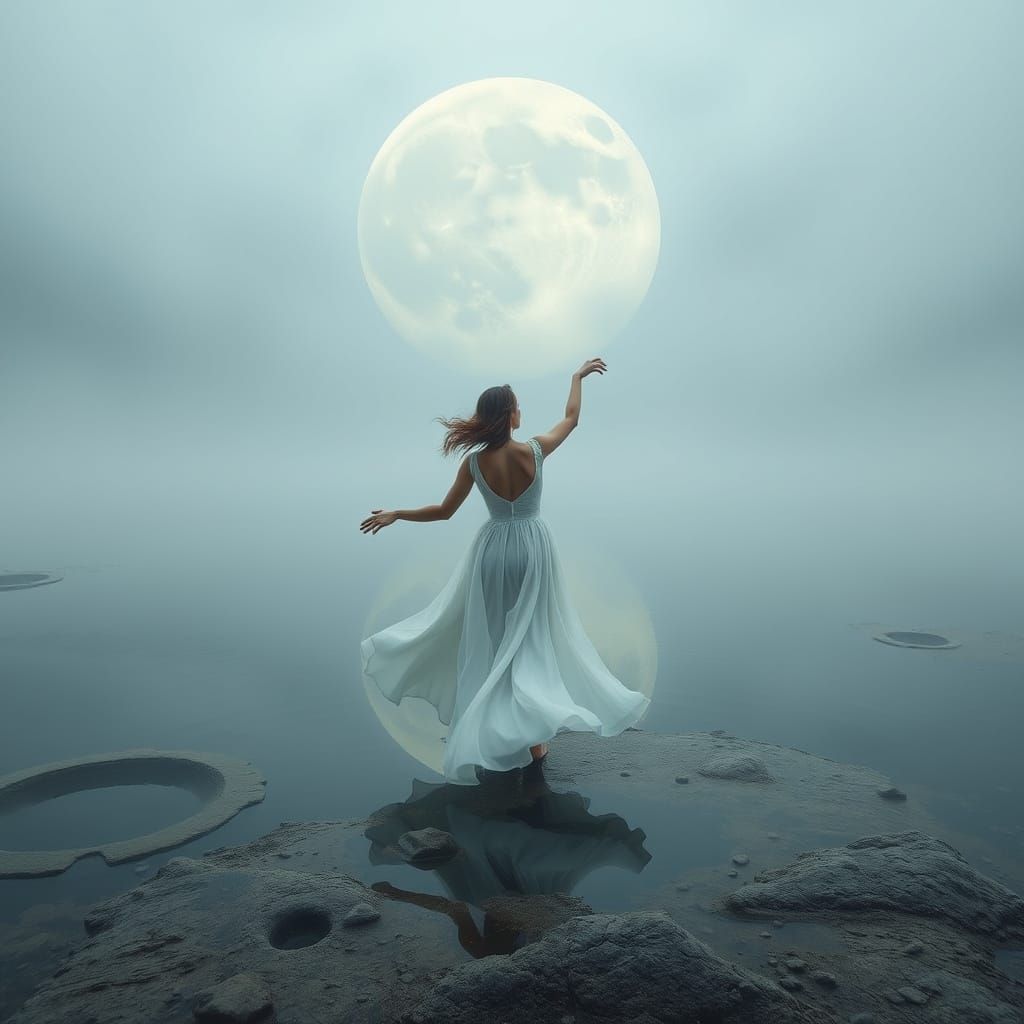 Ethereal Lunar Serenade in a Dreamy, Ancient Lake Scene
