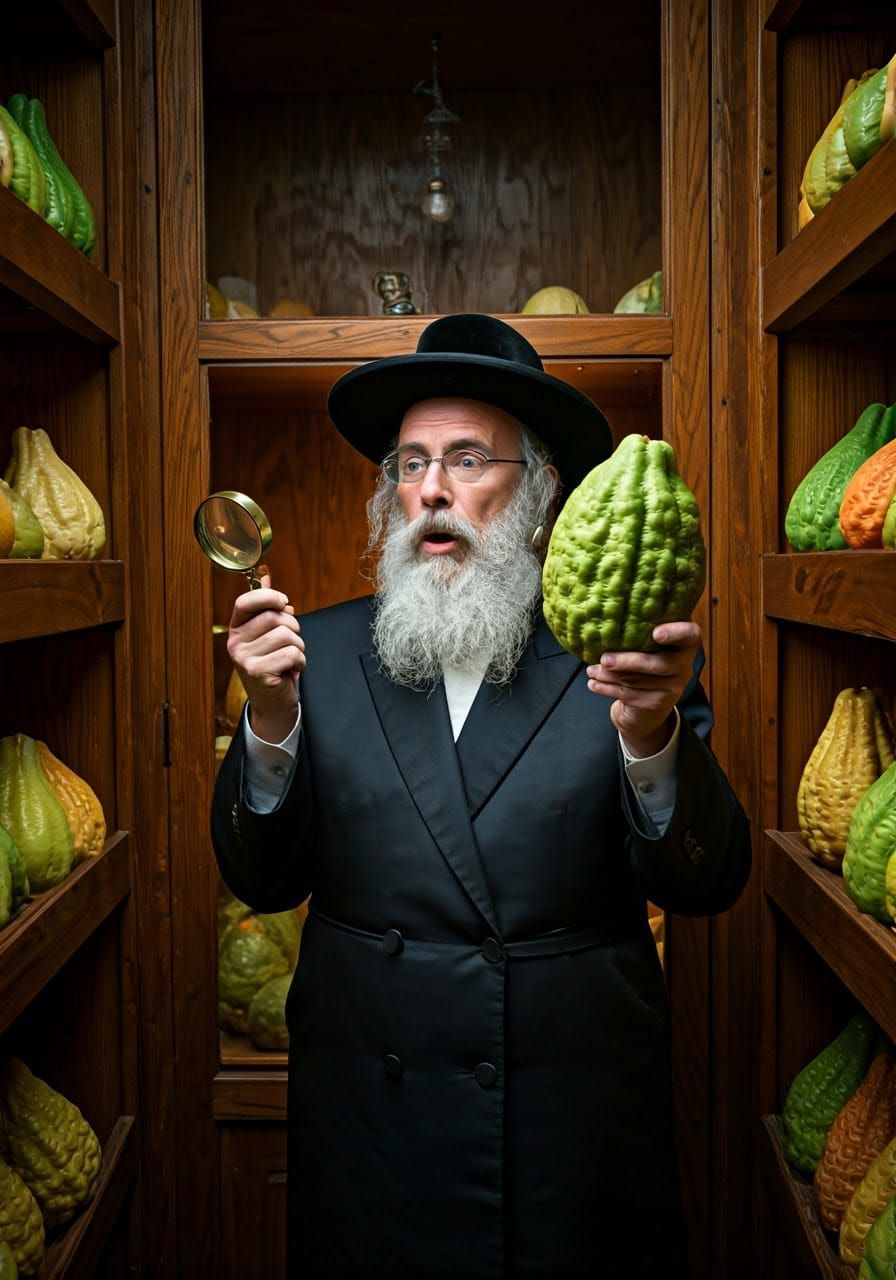 Orthodox Jew Inspecting Etrog with Magnifying Glass