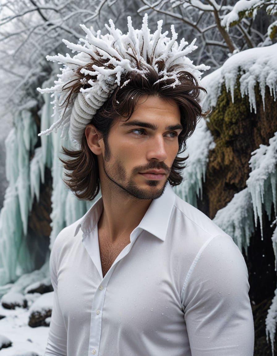 Serene Winter: Handsome Man with Flowing Red Hair