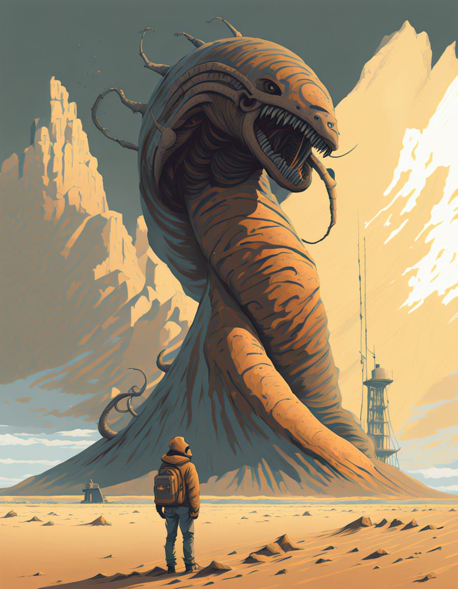 Mythic Desert Goddess on Sandworm in Golden Storm