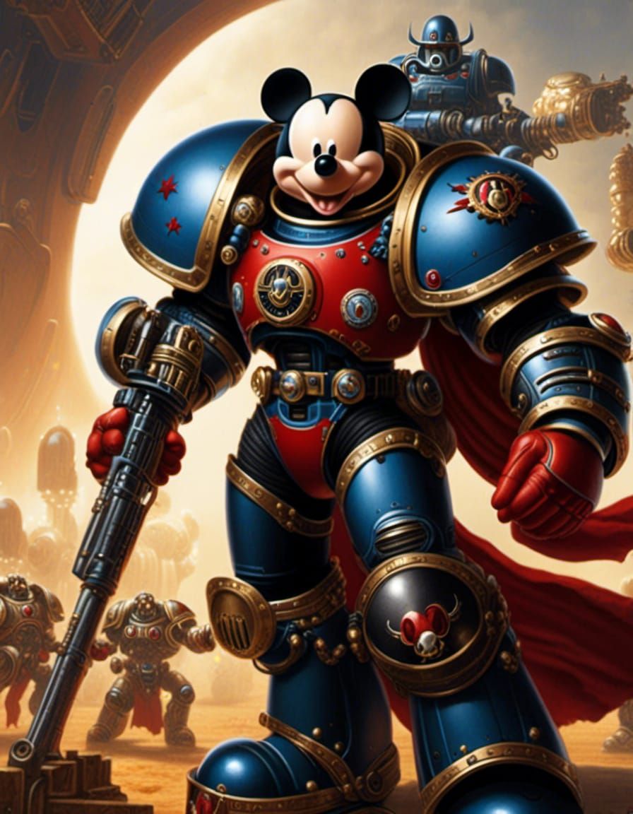 Picture of Mickey Mouse is Warhammer 40K Space Marine Armor. Black, red and white, in battle <lora:Gridrunners v1:1.0>