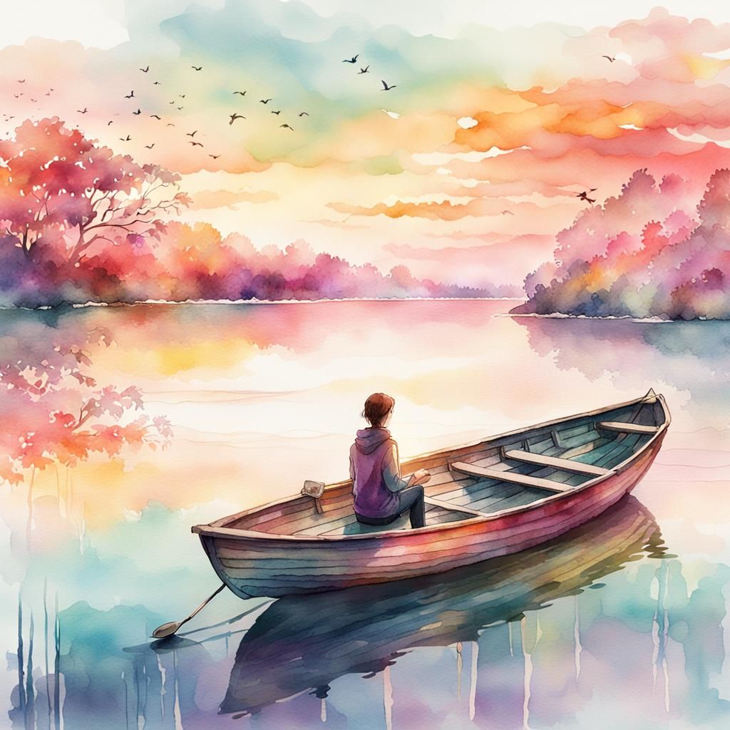 Dreamy Watercolor Sunset Over Serene Lake