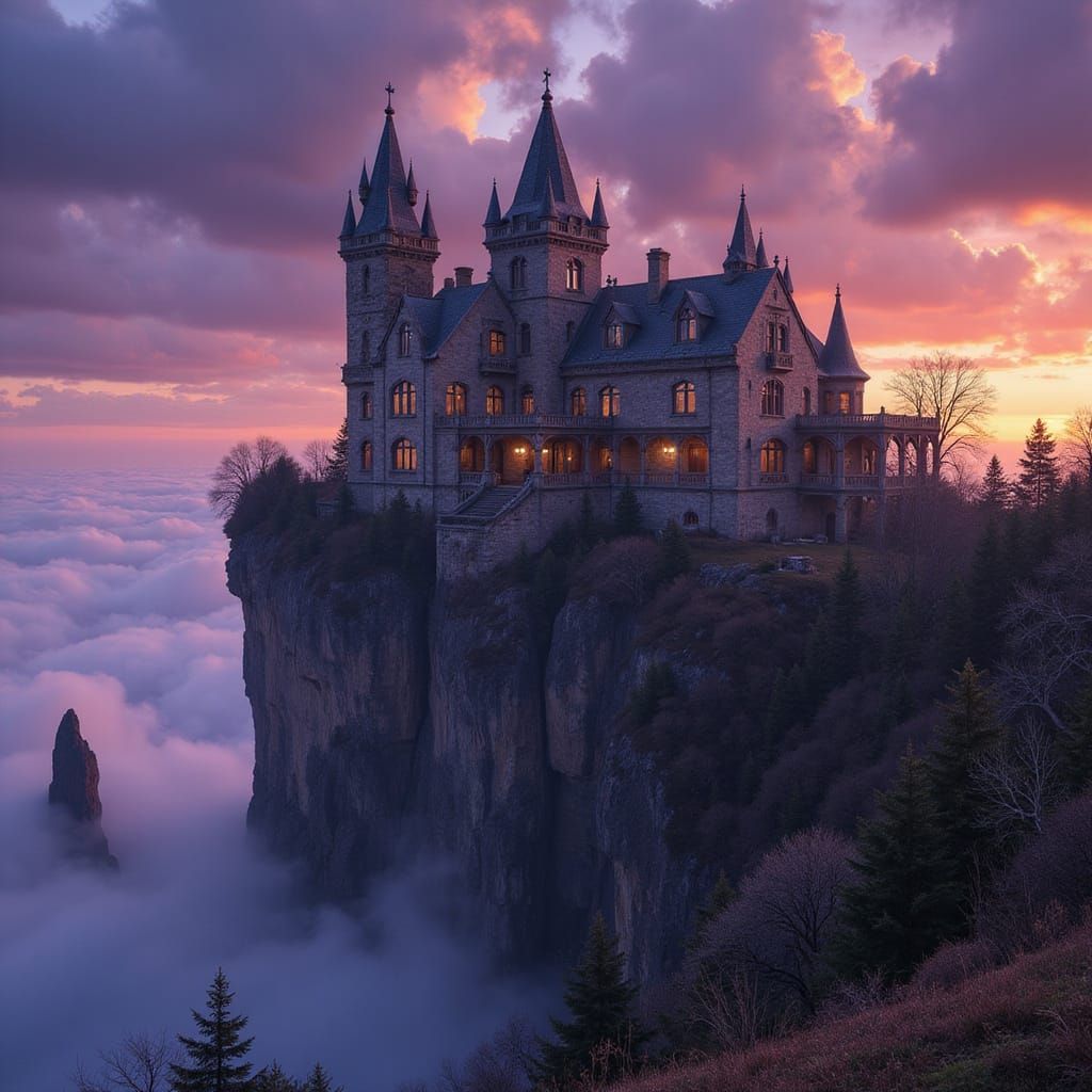 Majestic Mansion at Twilight in Retro-Futuristic Style