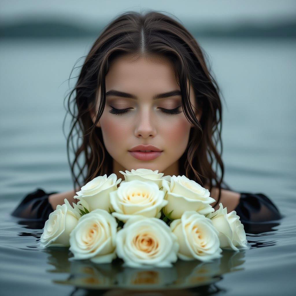 Ethereal Woman Submerged in Water with White Roses